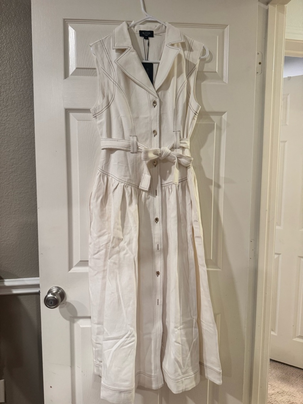 Aleeza Paris Sleeveless Cream Button-Front Midi Dress with Self-Tie Waist